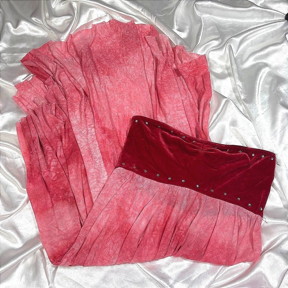 y2k Rhinestone Velvet High-Low Dress Pink Red Excellent Fairycore Prom Strapless
